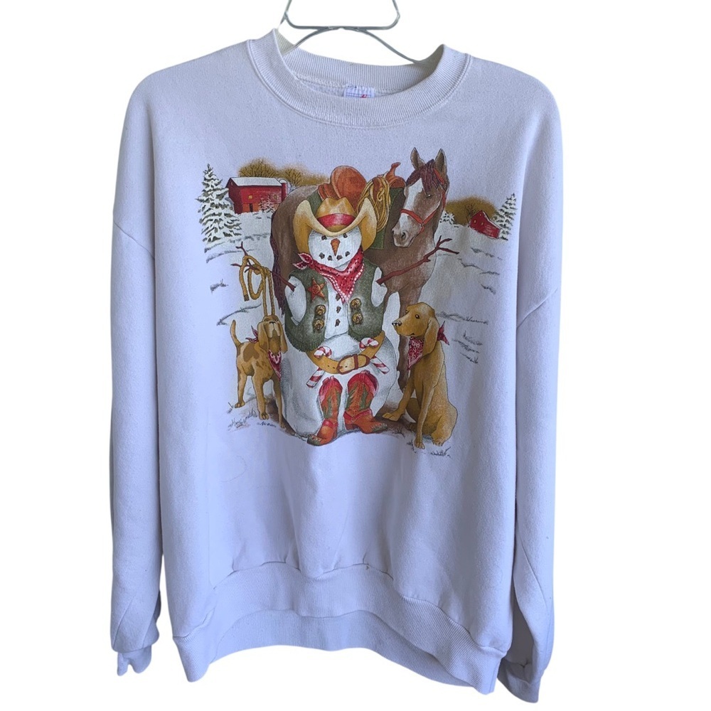 Vintage Winter Snowman Horse Dogs Crewneck Sweatshirt Adult XL 90s Sweater Snow - Picture 2 of 11